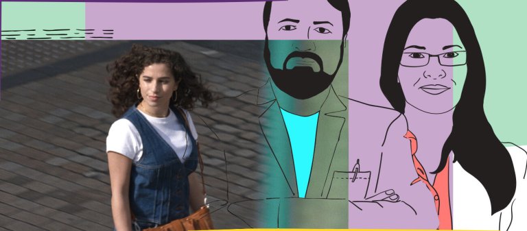 Woman in a jeansdress crossing a street, illustration of a male and a female doctor