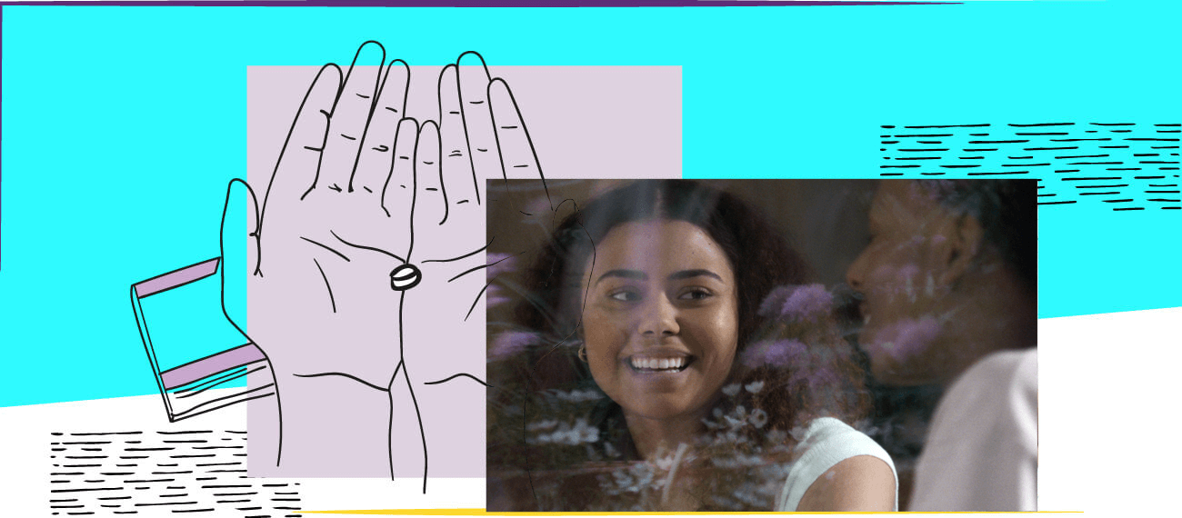 Woman smiling and an illustration of hands with a pill