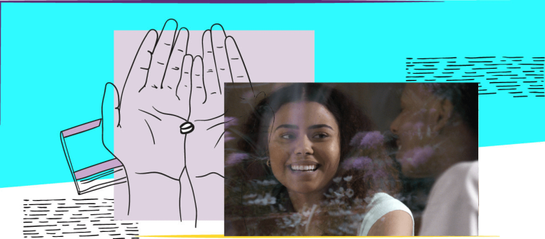 Woman smiling and an illustration of hands with a pill
