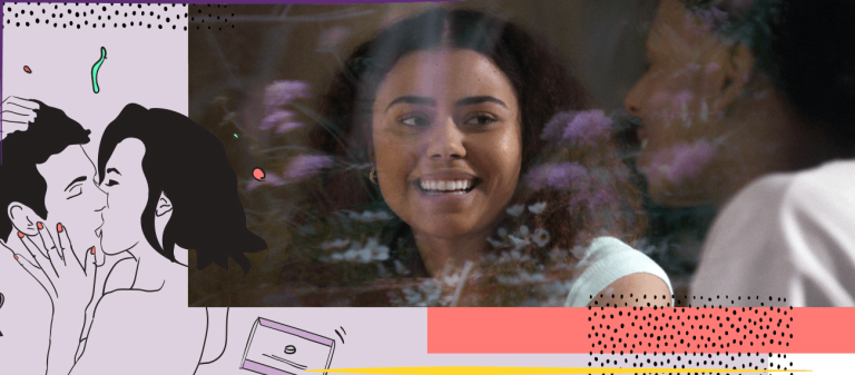 woman smiling and the illustration of a kissing couple