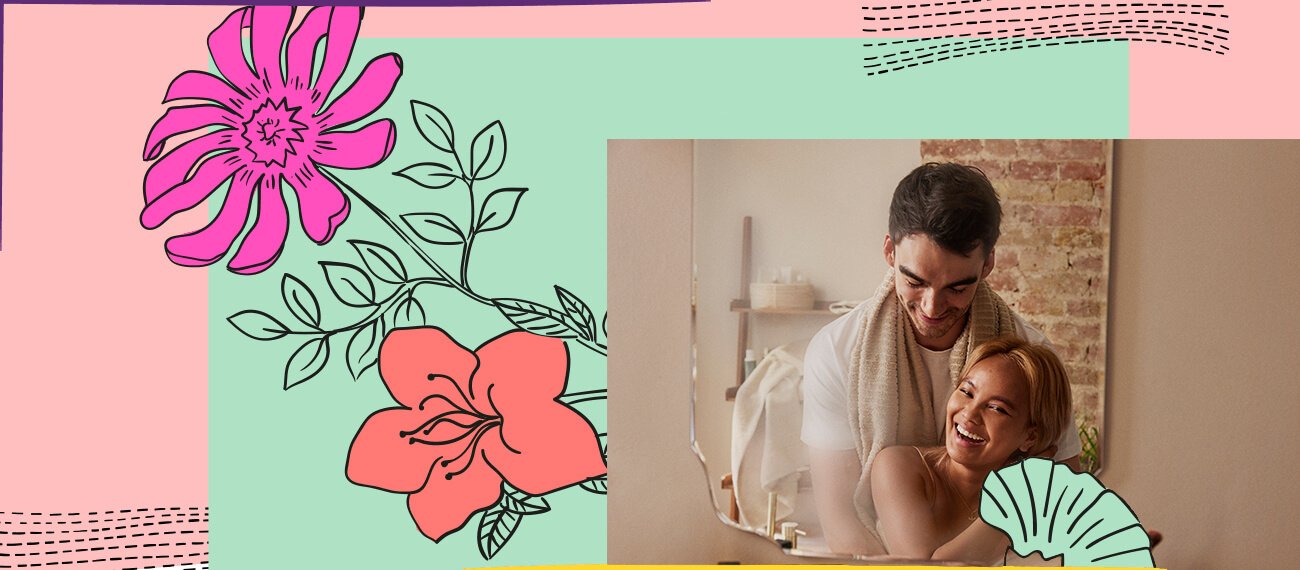 Couple standing in front of mirror, illustration of flowers