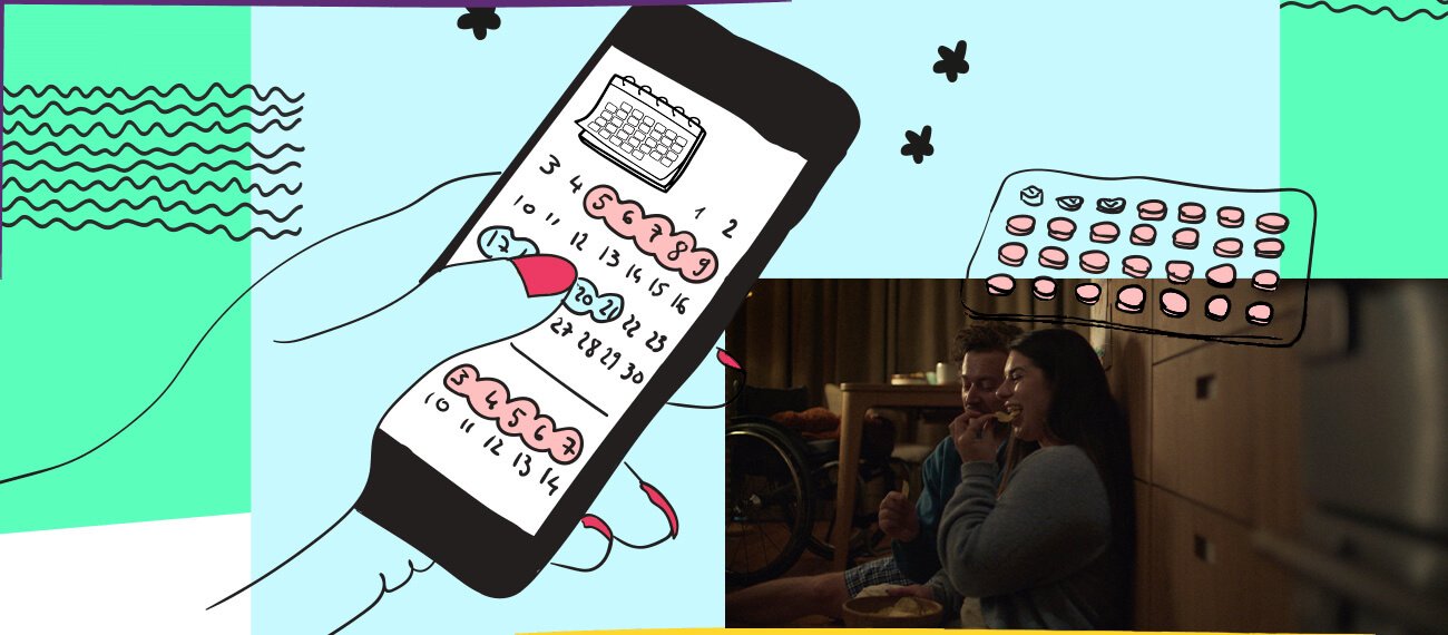 couple eating chips and illustration of a phone