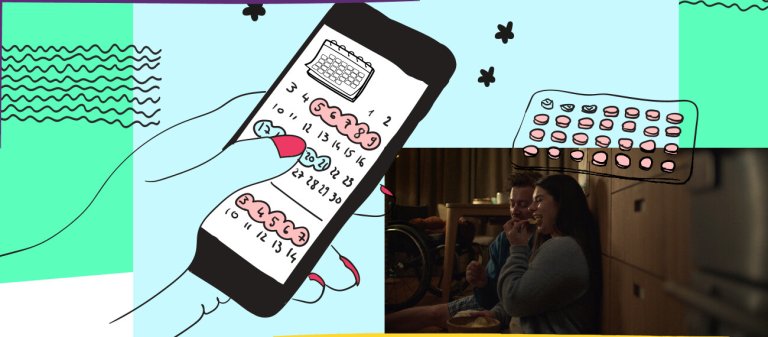 couple eating chips and illustration of a phone